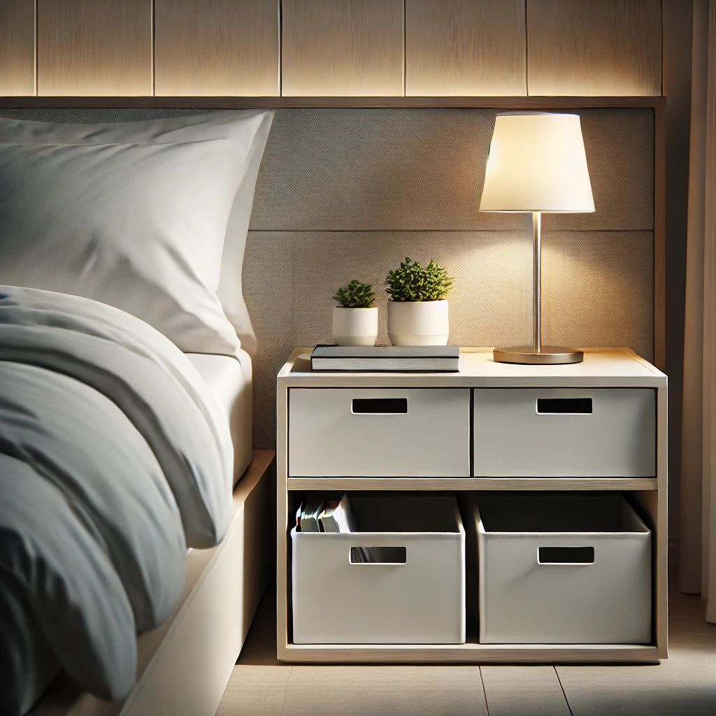 A minimalist bedroom nightstand setup with a small lamp, a book, and a tiny plant arranged neatly. The bed is shown with hidden storage bins