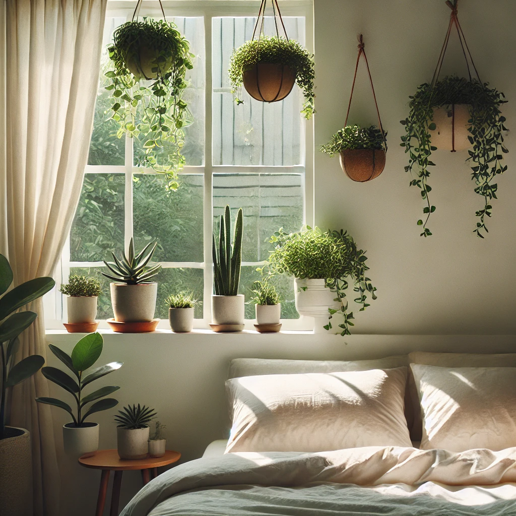 A peaceful bedroom setup featuring small potted plants placed on windowsills and a couple of hanging planters. The greenery adds a refreshing