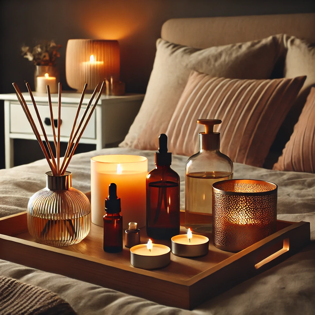  A cozy bedroom setup featuring a nightstand with scented candles, a reed diffuser, and essential oils neatly arranged on a tray.