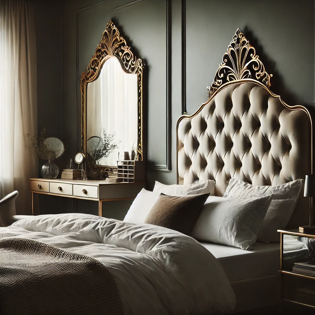 A stylish bedroom with a bold headboard and a vintage mirror catching natural light. The scene highlights the headboard as the statement piece