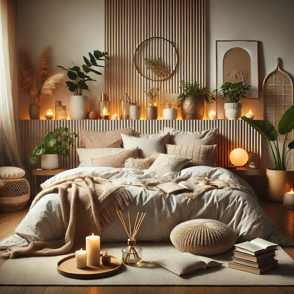 A visually appealing, cozy bedroom setup that combines elements from each section of the blog. The scene showcases layered bedding, soft lighting