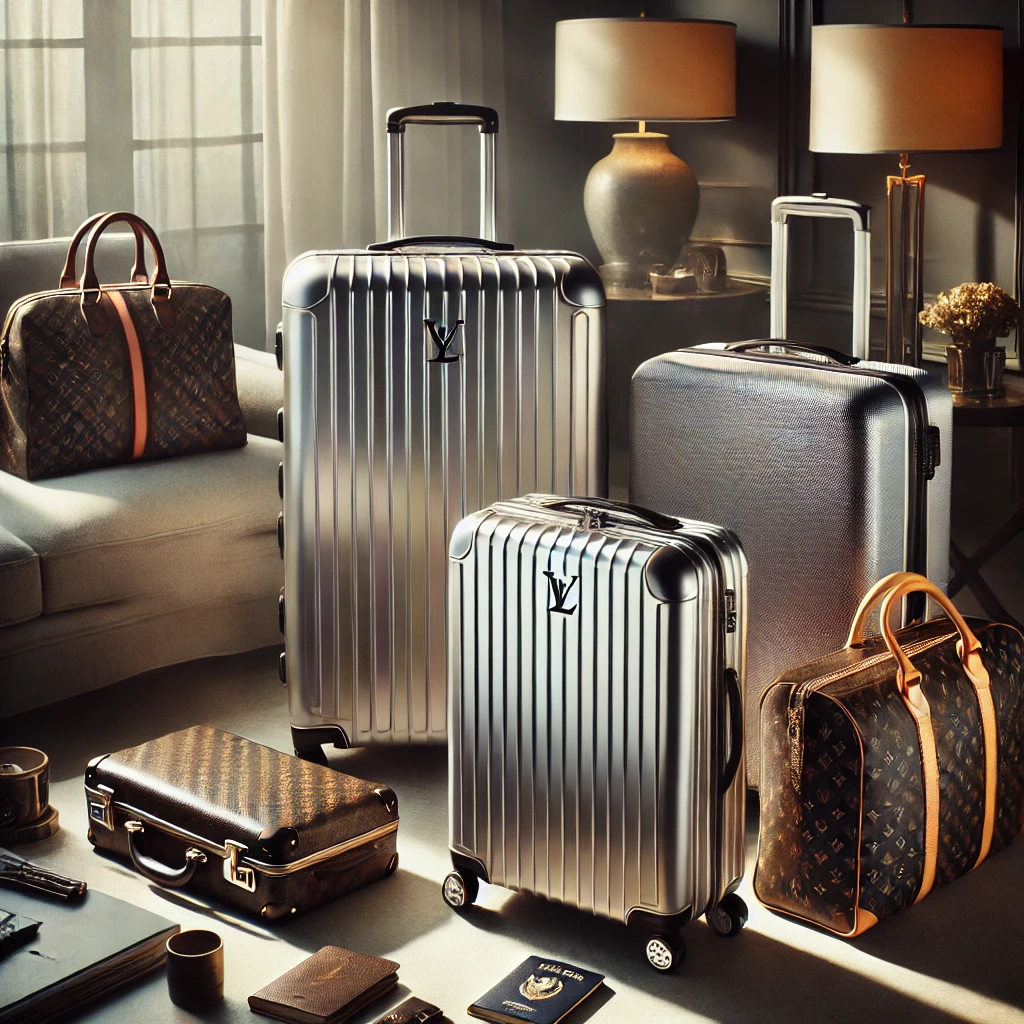 A luxurious travel bag setup showcasing a collection of high-end travel bags. The scene features a Rimowa aluminum suitcase, a Louis Vuitton Horizon