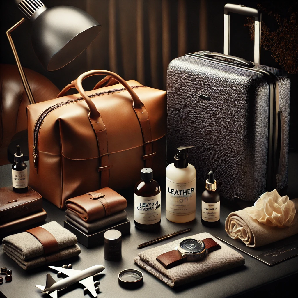 A sleek setup showing luxury travel bags with care essentials nearby. The scene includes items like leather conditioner, a microfiber cloth