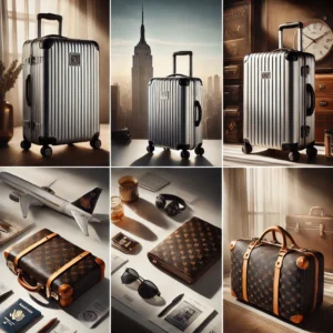 An elegant collage showcasing luxury travel bags such as a Rimowa aluminum suitcase, a Louis Vuitton Horizon 55, and a Tumi Alpha carry-on.