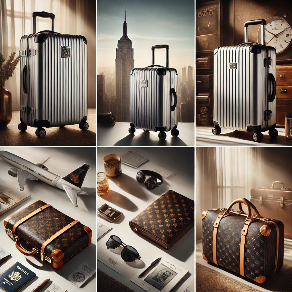 An elegant collage showcasing luxury travel bags such as a Rimowa aluminum suitcase, a Louis Vuitton Horizon 55, and a Tumi Alpha carry-on.