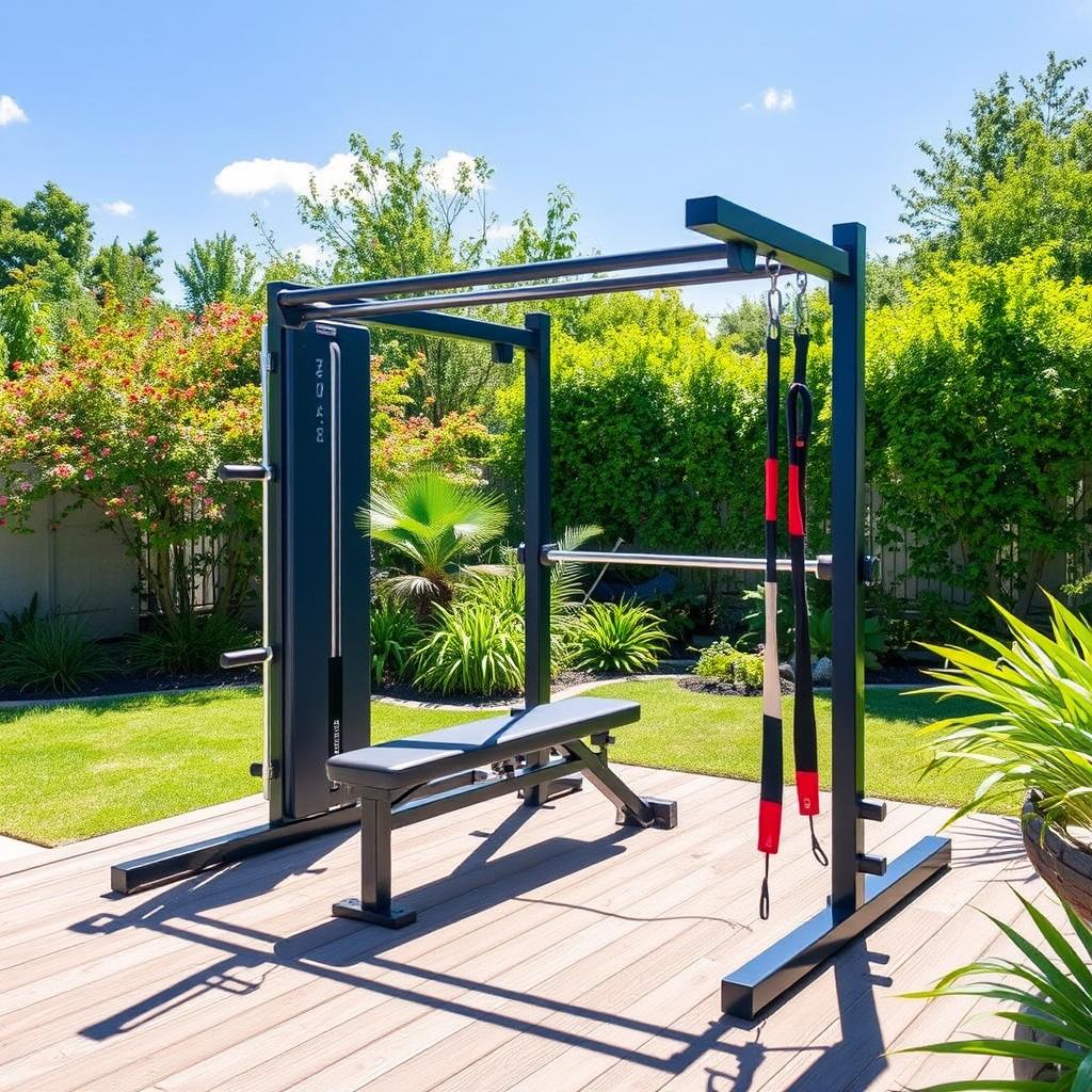 Outdoor gym equipment in backyard