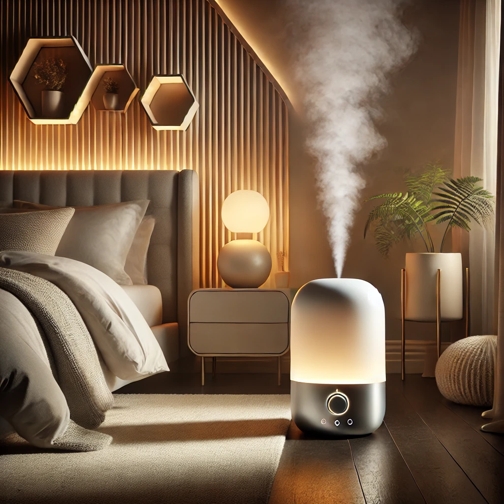 A serene and modern bedroom setting designed to highlight the use of a humidifier. The scene features a cozy bed with soft minimalistic decor, warm am